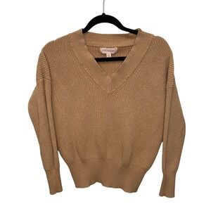 Philosophy Women's Ribbed V-neck tan‎ Drop Shoulder Sweater Small